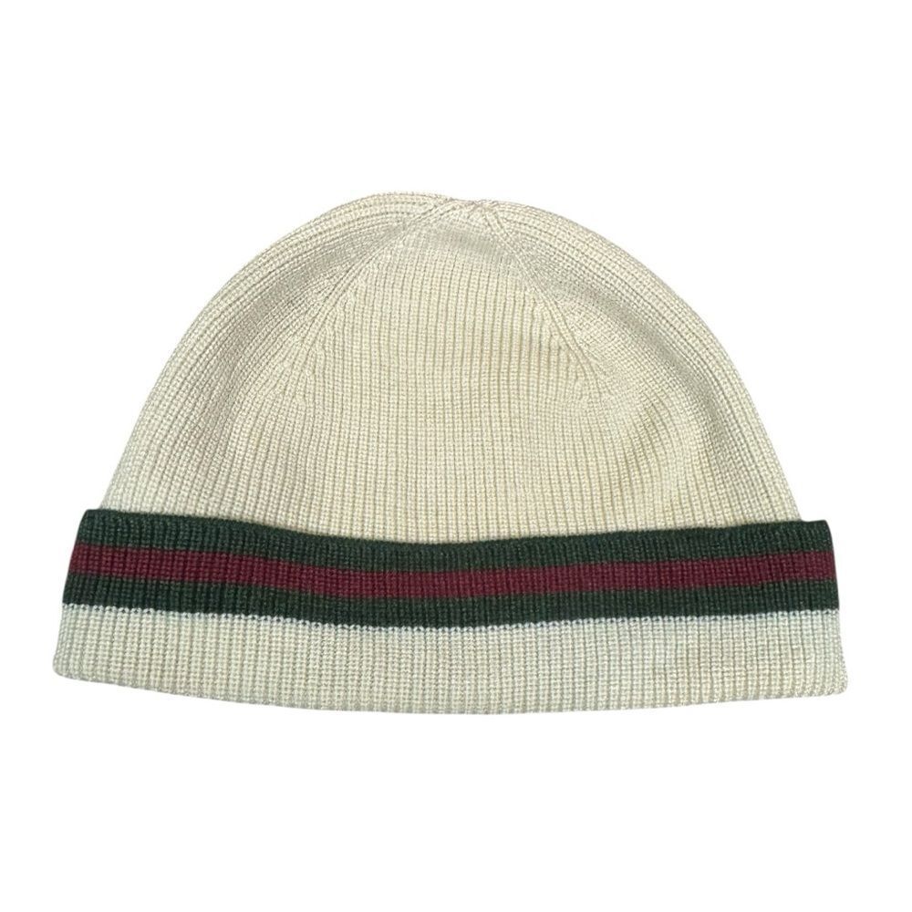 GUCCI Off White Ribbed Knit Wool Silk Blend Beanie Snow Cap Web Sherry Line Ex+